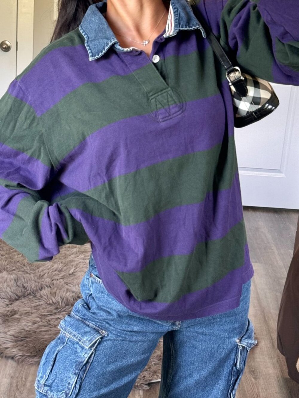 2000s Orvis Striped Rugby Polo Shirt XL Preppy Varsity Denim Collar Purple Green